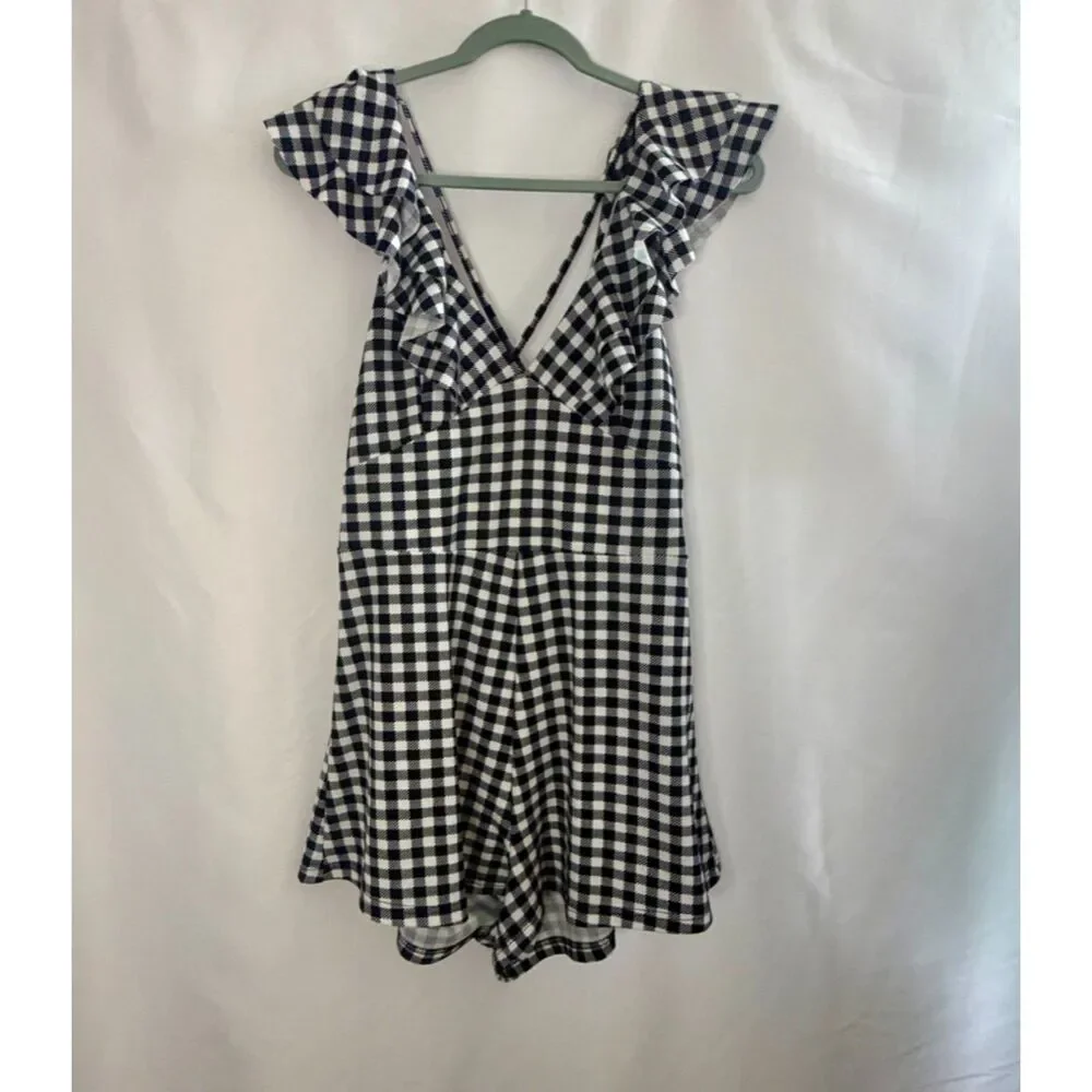 Shein black and white gingham ruffle romper. Size large